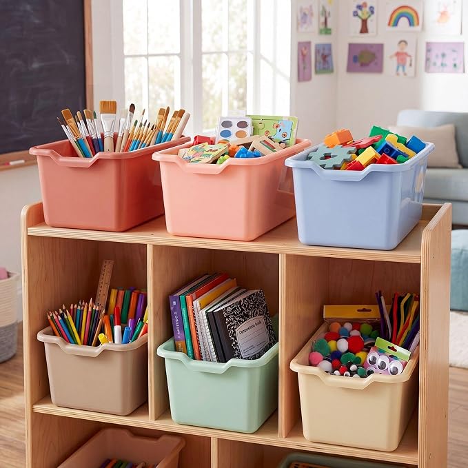 Novabright 12 Pcs Plastic Book Bins for Classroom, Back to School Supplies Library Cubby Bins Scoop Front Stackable Toy Storage Tubs Colorful Containers for Office Home Nursery Playroom Organization - Image 3