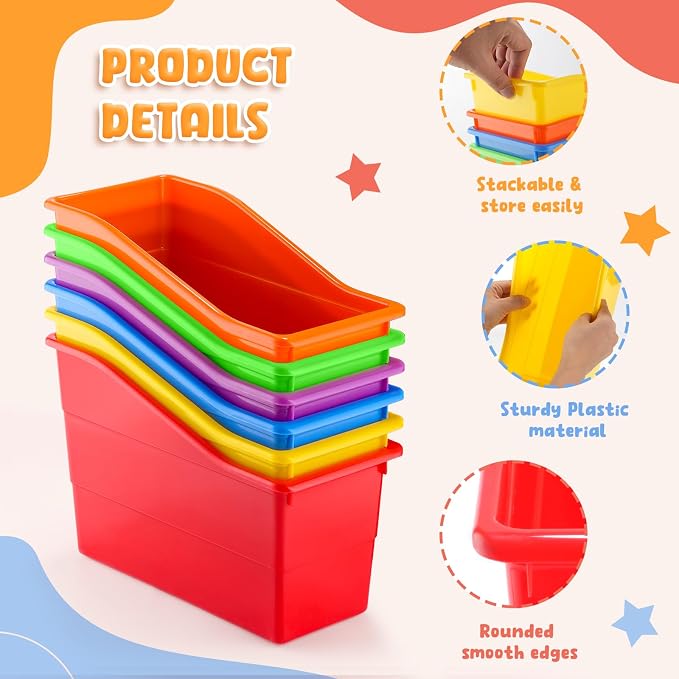 VZZNN 12 Pack Overlapping Classroom Storage Bins (Rainbow Colors) - Durable Book and Binder Holder, Plastic Vertical Storage Book Organizer Folder Classroom Organization Container Supplies - Image 6