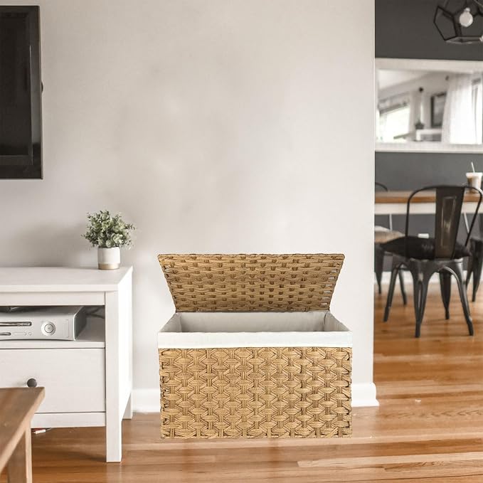 Wicker Storage Basket with Lid, 42.3 Gallon (160L) Large Blanket Basket with Lid, Woven Storage Bin with Handles, Removable Liner, Metal Frame, Foldable, for Bedroom, Laundry Room, Natural - Image 7