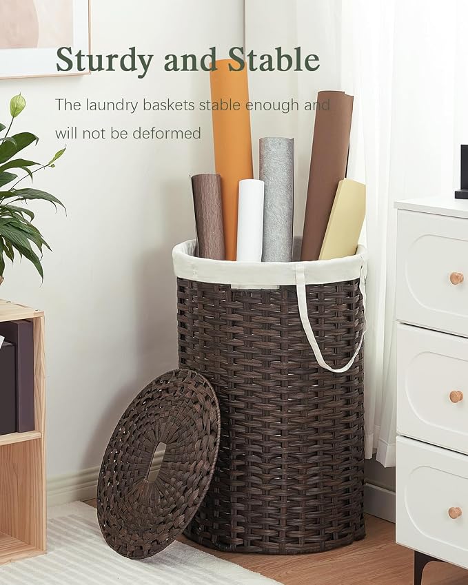 SETVSON Large Laundry Hamper Laundry Basket, Round PE Rattan, Brown | 130L Extra Large Handwoven Basket, Open Top, Removable Washable Liner Bag, 2 Mesh Laundry Bags, Side Long Handles - Image 6