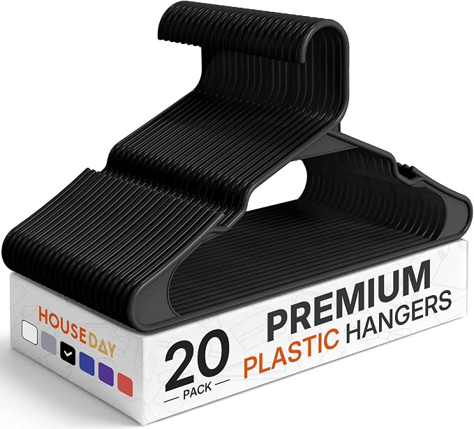 HOUSE DAY Black Plastic Hangers 20 Pack – Slim Space Saving Clothes Hangers | Durable Hangers for Shirts, Coats and Pants, Non-Slip Notches Hold Straps, Great for Closet Organization, Dorms & Apartments by HOUSEDAY