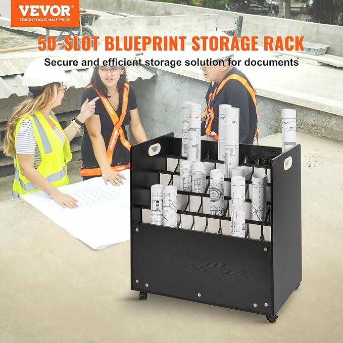 VEVOR Mobile Storage Cart, 50 Slot Wooden Roll File Organizer for Construction Plans, Maps, Posters, Architectural Blueprints - Home, Office, School - Image 2