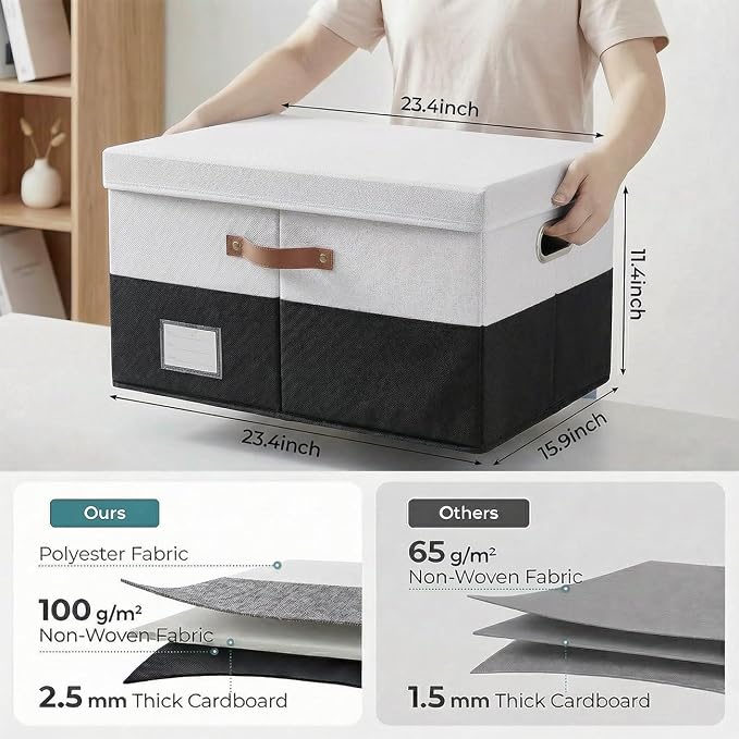 Storage Bins with Lids [3-Pack] Linen Fabric Foldable Storage Boxes Organizer Containers Baskets Cube with Cover for Bedroom Closet Office Grey&Black (23.4X15.9X11.4) - Image 5