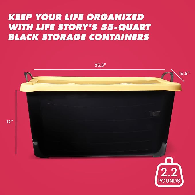 Life Story 12 Pack Heavy Duty Stackable Storage Bin, 55 Quart Home Organizer, Versatile Lightweight Locking Bins with Carrying Handles, Black/Yellow - Image 3