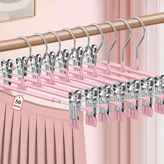POZEAN Pants Hangers with Clips for Women 50 Pack, 12Inch Adjustable Heavy Duty Skirt Hangers, Space Saving Non-Slip Shorts Jeans Trousers Clothes Hangers, Pink by POZEAN