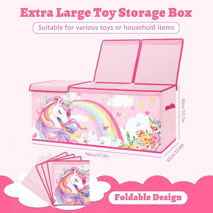 Large Toy Box Collapsible Chest Organizer with Flip Lid for Kids | Oxford Storage Box with Handle for Boy Girl Sturdy Waterproof Organizing Decor for Bedroom Playroom Nursery 37.7×12.5×15.7'' - Image 2