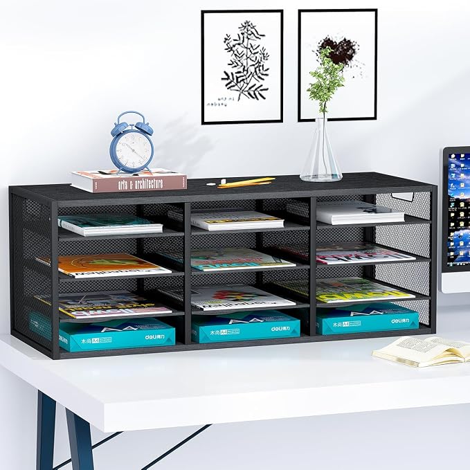 Mail Sorter Adjustable Countertop Heavy Duty Literature Organizer Student Mailbox for Classroom Desktop Bill Paper Holder Rack for Office Home School, 12 Compartments, Black - Image 4