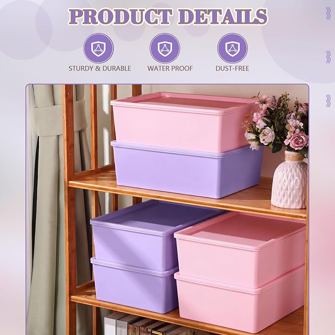 6 Pcs Large Plastic Storage Bins with Lids, Pink, Purple | 14.4 x 10.4 x 5.1 Inch, Stackable Storage Containers, Decorative Cubby Organizer for Clothes Shelves Garage Closet Office - Image 3