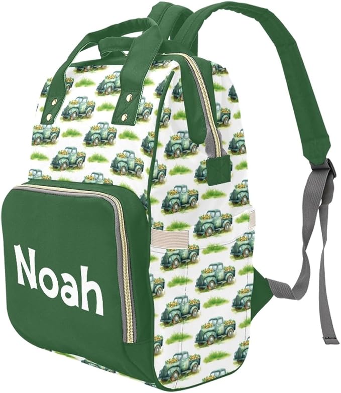 Personalized Green Truck Diaper Bag Backpack with Custom Name – Waterproof Multi-Pocket Baby Nappy Bag for Moms and Dads – Large Capacity Travel Backpack & Shower Gift for Baby - Image 2