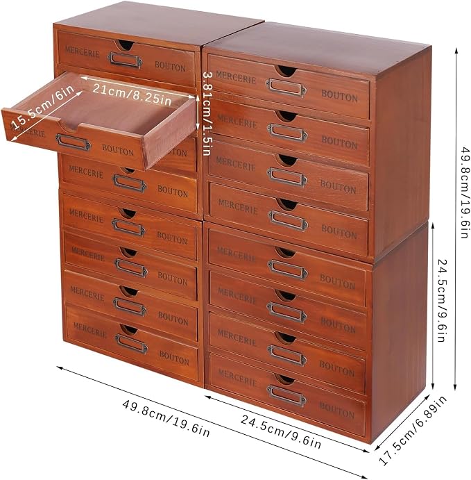 Vintage Wooden Drawer Organizer with 16 Drawers, 4-Tier Stackable Desktop Storage Box for Office, Home, Craft Supplies – Compact Space-Saving Design, Sturdy Pine Wood Construction, Built-In Label - Image 2