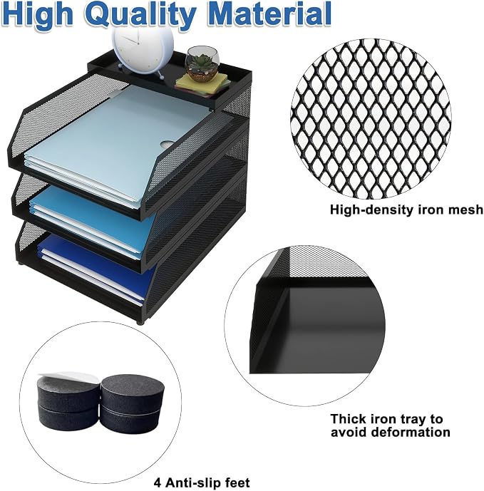 Natwind 3-Tier Stackable Metal Mesh Desk Paper Tray Organizer,Black | Letter Tray For Paper Storage,Desktop Accessories for Office Supplies,File Document Holder For Home School Classroom - Image 3