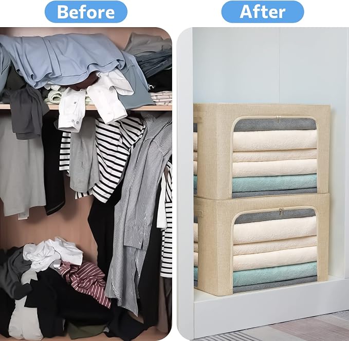 CYhom Extra Large Clothes Storage Bins - Linen Fabric Foldable Stackable Container Organizer Set with Clear Window & Carry Handles & Metal Frame - 2Pack Large Capacity for Bedding, Blankets, Books - Image 8