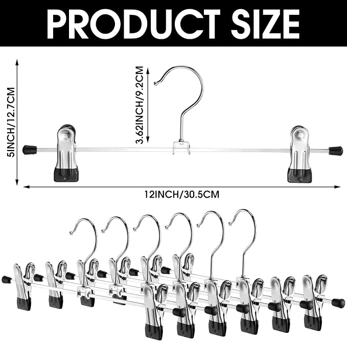 Weysat 50 Pack Pant Hangers with Clips Metal Skirt Pants Hangers Bulk | Adjustable Hangers for Space Saving, Heavy Duty for Clothes, Jeans, Closet Organizer, Silver and Black - Image 2