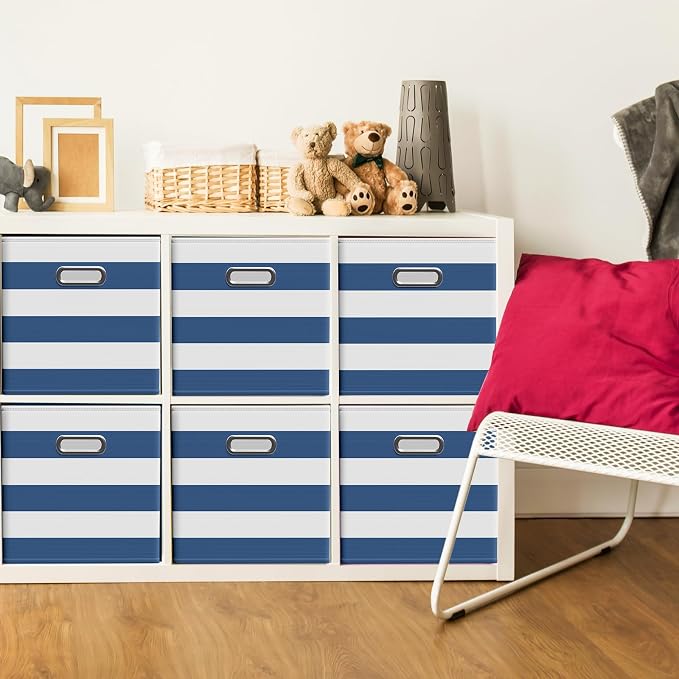 CroBlissful 11 Inch 6 Pack Fabric Storage Cubes with Metal Handles, Back to School Collapsible Organizer Bins for Classroom, Closet, Student Room, Toys and School Supplies (Blue and White) - Image 2