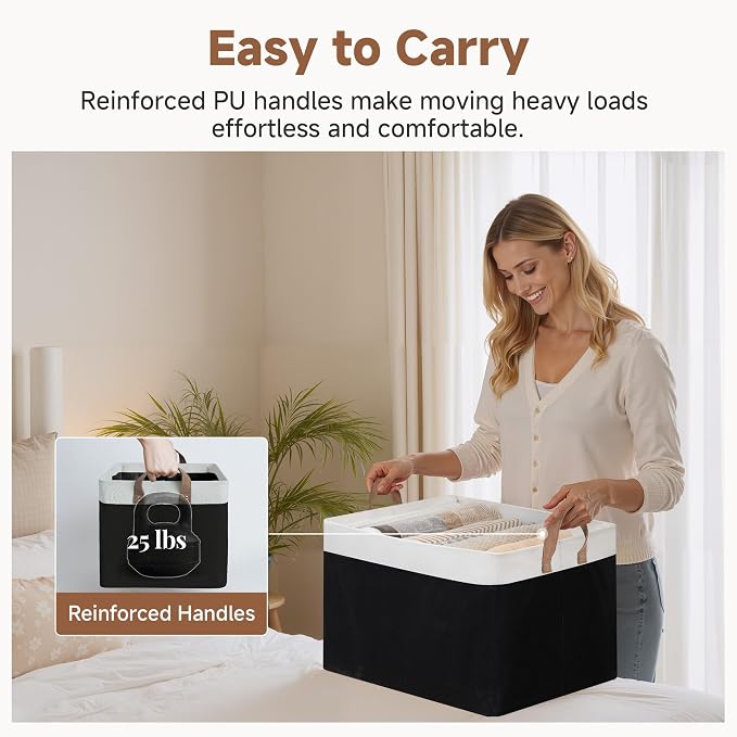 StorageWorks Fabric Storage Bins, Black and White, Jumbo, 2-Pack | With Reinforced PU Handles, 45L, Metal Frame, Collapsible, Storage Basket for Shelves, Closet, Holds Clothes, Towels, Blanket - Image 5