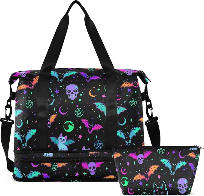 Travel Duffel Tote Bag Magic Skulls Bat and Animal Sports Duffel Bag with Wet Pocket Weekender Overnight Bag for Women Men Gym Bag, Carry On Bag Hospital Bag for Labor and Delivery by MNSRUU