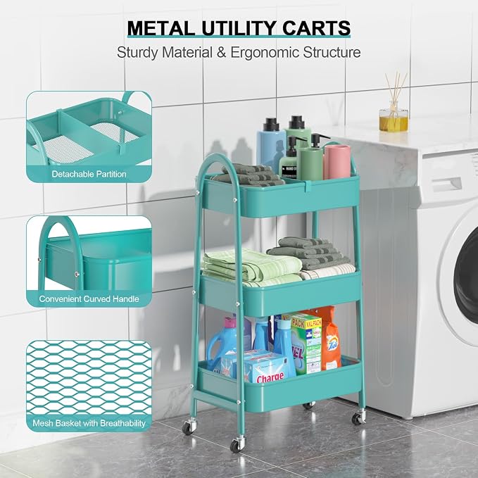 3 Tier Utility Rolling Cart, Metal Storage Cart with Handle and Lockable Wheels, Multifunctional Storage Organizer Trolley with Mesh Baskets for Kitchen, Living Room, Office, Garage (Turquoise) - Image 2