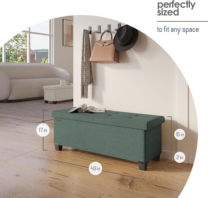 Storage Ottoman Bench with Bins, 43-in Storage Bench for Bedroom End of Bed, Folding Foot Rest Ottoman for Living Room Max 660lbs, Fabric Ottomans, Green - Image 8
