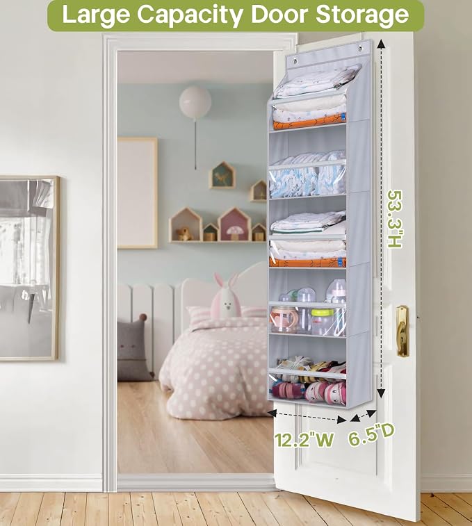 AOODA Over the Door Organizer, Large Capacity Closet Door Hanging Organizer, Clear Deep Pockets Baby Storage for Nursery, Bathroom, Bedroom, Pantry, Diapers (Grey) - Image 2