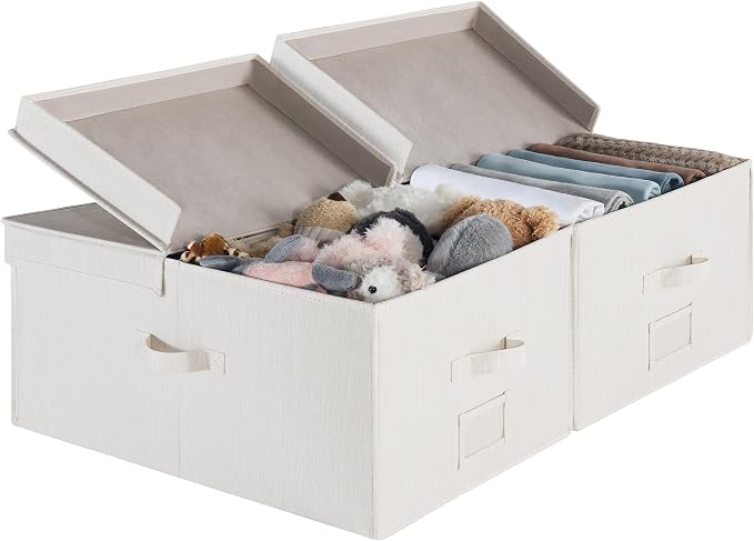 StorageWorks Extra Large Storage Bins with Lids, 55L Decorative Storage Bins with Double-Open Lid and Divider Board, Fabric Bins with Handles, Mixing of Beige, White & Ivory, 2-Pack by StorageWorks