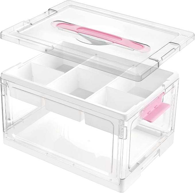 Vtopmart 24 QT Pink Clear Craft Organizer with Tray & Dividers, 1 Pack | Storage Box for Coloring Books, Modeling Clay, Molds and Art Supplies, Removable Tray for Craft Supplies Organization by Vtopmart