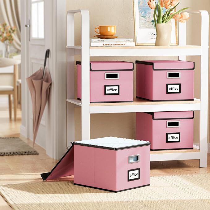File Organizer Box with Lids, Collapsible File Folder Organizer | File Box with Plastic Slides for Office Document Storage, Filing Bin for Letter Size Hanging File Folders (2 Pack, Pink) - Image 2