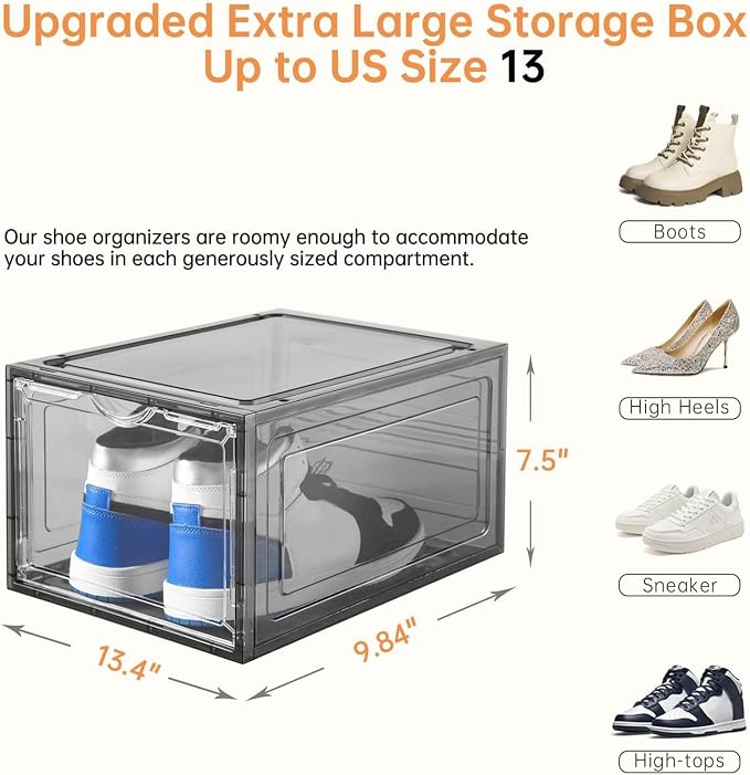 Clemate Upgraded X-Large Shoe Storage Box,12 Pack,Shoe Box Clear Plastic Stackable,Drop Front Shoe Box with Clear Door,Shoe Organizer Containers For Sneaker Display,Fit up to US Size12, Ashy - Image 4