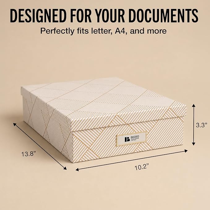 Bigso Oskar Fiberboard Label Frame Document Letter Box for Important Paperwork A4 or Letter Size - Durable Keepsake Box with Lid and Metal Label Holder - 3.3in x 10.2in x 13.8in - Golden Square - Image 4