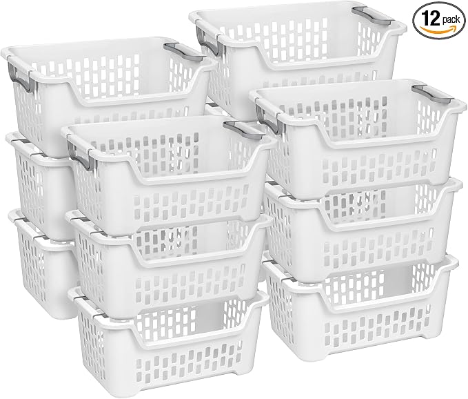 Sterilite 12 Pack Stacking Laundry Basket, 2 Bushel Clothes Hamper, White | Stackable Laundry Basket, Large Rectangular Storage Bin with Carrying Handles and Large 2 Bushel Capacity by Sterilite