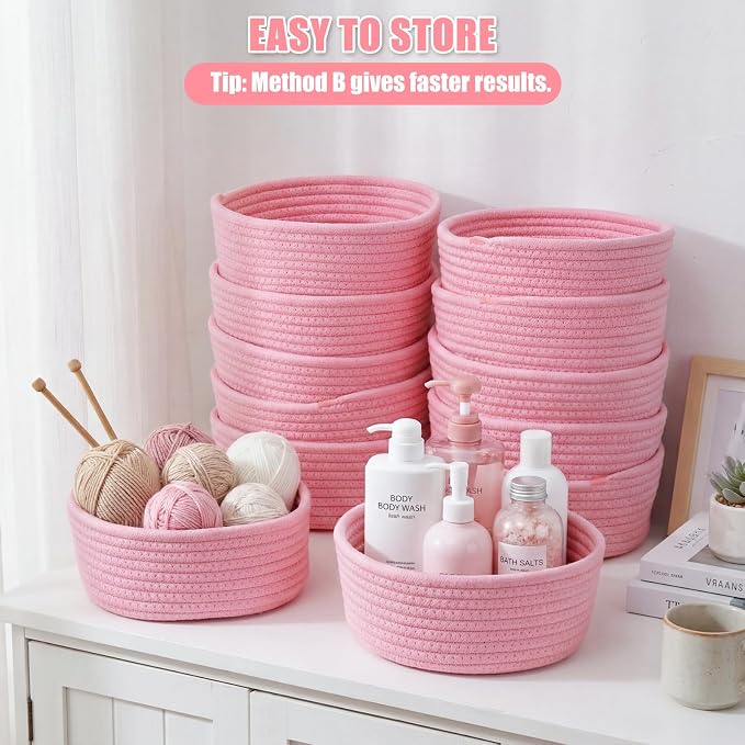 12 Pack Small Storage Basket Cute Natural Cotton Rope Woven Basket Tiny Boho Decorative Toy Storage Bin Gift Baskets for Home Organizing, Closet, Shelf, Nursery, Bathroom(Round,Pink) - Image 3