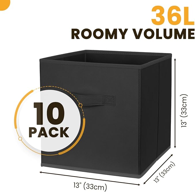 Large Storage Cubes- 13 Inch Cube Storage Bins for Organizing Shelves Kallax - Nursery Closet Organization Bins for Clothes Blanket - 10 Pack Collapsible Decorative Storage Box for Magazines (Black) - Image 2