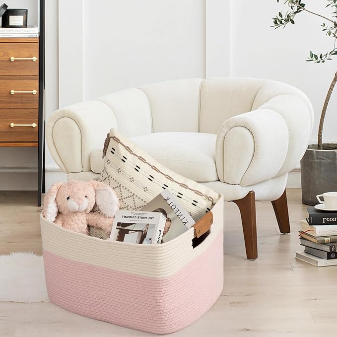 Large Woven Basket 25’’*16’’*16’’ Rectangle Woven Baskets for Storage, Storage for Living Room, Soft Cotton Rope Basket With Handle, Large Basket for Kids Dog Toys, 108L Pink+White - Image 8