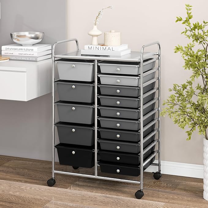 COSTWAY 15 Drawer Rolling Storage Cart, Mobile Storage Organizer | Removable Drawers & Metal Frame, Multipurpose Utility Tools Paper Organizer on Wheels for Home, Office (Mixed Black) - Image 2