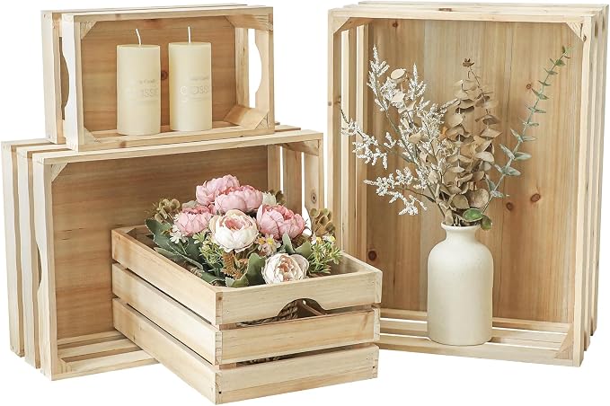 Large Wooden Crates Unfinished Set of 4 Storage Crates, Decorative Wood Storage Crate for Display Rustic, Nesting Wooden Container Boxes Made from 100% Wood by JUMBOHUMBLE
