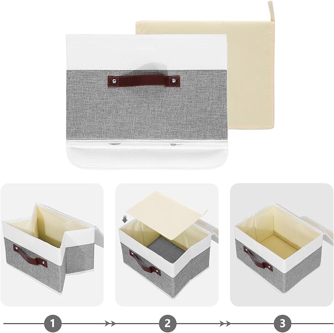 ANMINY Fabric Storage Box Bins with Lids, Gray White, 15"x10"x10" | Keepsake Memory Storage, Cotton Linen, PP Board Reinforced, Washable, PU Handles, Foldable & Stackable, Decorative, Large - Image 4