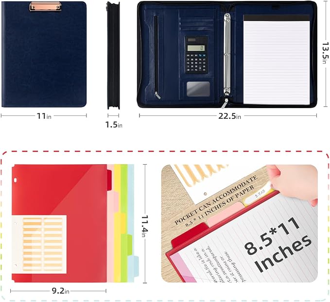 Ospelelf 3 Ring Portfolio Binder with Zipper, Leather Clipboard with Storage, Padfolio Folder for Men, 12.1” Tablet Sleeve, 5 Dividers with Pocket, Refillable Notepad, Card Slot (Navy Bule) - Image 2