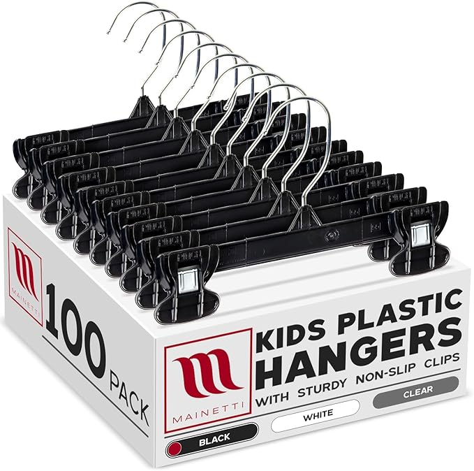8in Black Plastic Children's Hangers with Rotating Hook (100 Pack) | Black Plastic Hangers for Kids' Pants, Skirts, Slacks & Bottoms, Rotating Metal Hook, Sturdy Plastic, Space-Saving Design by Mainetti