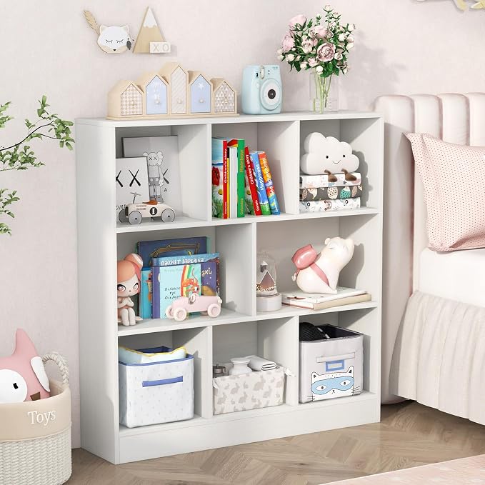 HONEY JOY Kids Toy Storage Organizer, 8-Section Wooden Floor Storage Cabinet, 41” Daycare Toy Chest, 3-Tier Kids Display Bookshelf for Classroom, Playroom & Nursery, Kindergarten (White) - Image 2