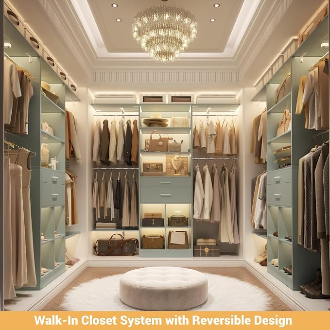 5FT Small Closet System, Baby Closet Organizer System with Wooden Drawers, 60 Inches Walk in Closet System with 5 Hanging Rods and 3 Reversible Hanging Shelving, Crab Green - Image 8