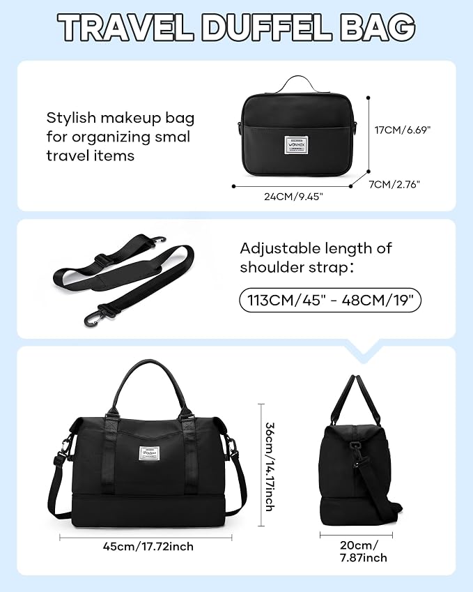Travel Duffel Weekender Bag Women Tote Carry On Bags With Shoe Compartment | 18x14x8 inches Travel Overnight Bags with Trolley Sleeve for Airplanes Waterproof Sport Tote Gym with Toiletry Bag Black - Image 3