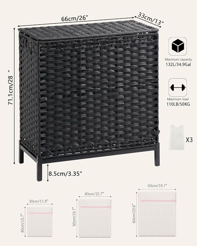 SETVSON Laundry Hamper with Lid, 35 Gal 3-Bag Clothes Sorter, Black | Large Family Laundry Trunk with Lid, 3 Compartment Sorting Liner, 6 Wash Bags, Elevated PE Rattan Bin with Handles - Image 5