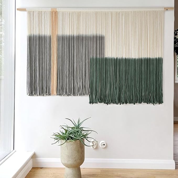 Macrame Wall Hanging Green Large Dip Dye Fiber Wall Art Bohemian Yarn Tapestry Wall Décor 57''W*35''L | Hand Dyed Yarn Wall hanging, Green Dip Dye Design, Boho farmhouse style, for Living Room Bedroom office entryway, home decor - Image 2