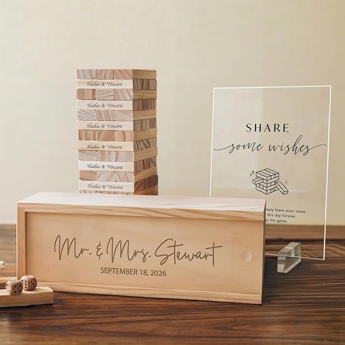 Personalized Wedding Jumbling Tower Guest Book, Engraved Box | Wooden wedding alternative with 54 signing blocks and a 10.6 x 3.9 x 3.54 in keepsake box for lasting memories - Image 9