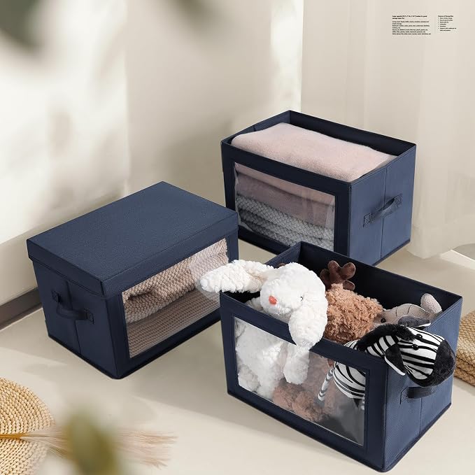 Foldable Storage Boxes with Lids - Decorative Storage Boxes with Clear Window, Fabric Storage Baskets for Organizing, Closet Storage for Clothes, Yarn, Home, Navy Blue, 4-Pack - Image 6
