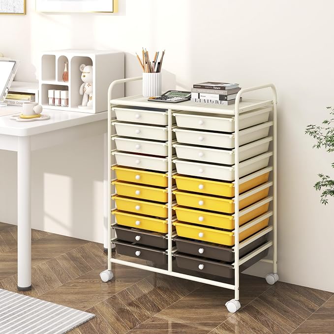 RELAX4LIFE 20 Drawer Rolling Storage Cart, Mobile Rolling Cart w/Drawers for School Classroom Teacher Office Home Salon, Paper File Art Supply Craft Organizer, Utility Cart on Wheels (Yellow) - Image 8