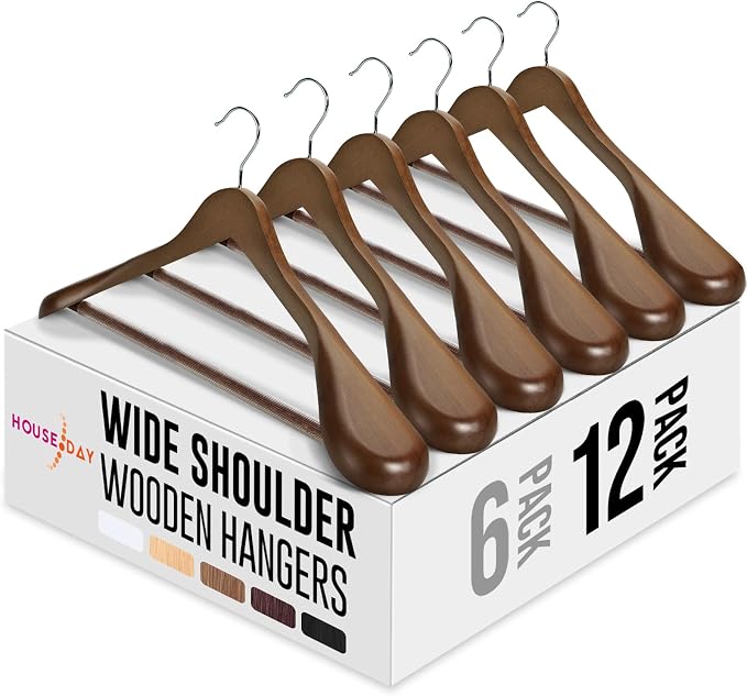 HOUSE DAY Wide Shoulder Wooden Hangers 12 Pack, Wood Suit Hangers for Men with Non Slip Pants Bar, Smooth Finish Solid Wood Coat Hanger for Jacket, Pants, Dress, Heavy Clothes Hanger (Walnut) by HOUSEDAY