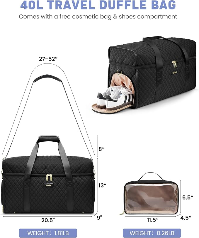 Weekender Travel Duffle Bag for Women: Overnight Bags with Shoe Compartment Carry on Bags for Airplanes with Toiletry Bag Weekend Yoga Gym Bag with Wet Pocket Travel Duffel Tote Bag Hospital Bag Black - Image 4