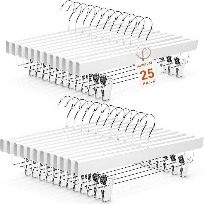HOUSE DAY Wooden Pants Hangers with Clips, 25 Pack Skirt Hangers, White | 14-Inch Wood Hangers with Adjustable Non-Slip Metal Clips & 360° Swivel Hooks, Heavy Duty for Jeans, Slacks, Trousers, Shorts by HOUSEDAY