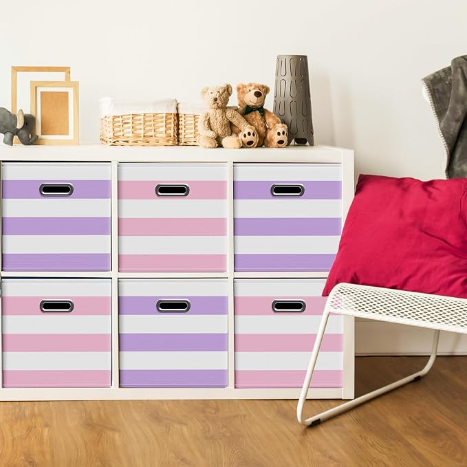 CroBlissful 11 Inch 6 Pack Fabric Storage Cubes with Metal Handles, Back to School Collapsible Organizer Bins for Classroom, Closet, Student Room, Toys and School Supplies (Purple and Pink) - Image 2