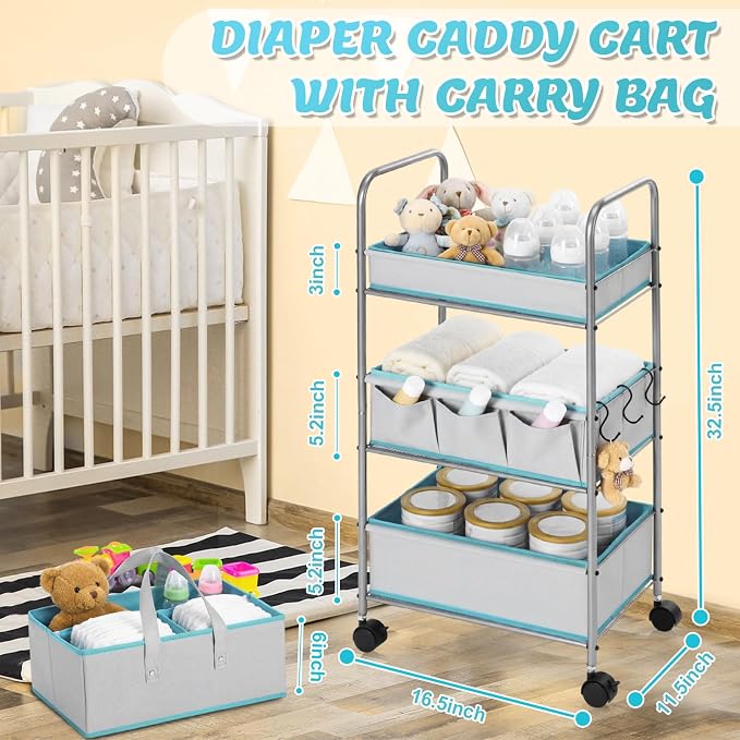 FoldTier 2in1 Colorful Baby Diaper Caddy Organizer Cart 3 Tier Large Capacity Metal Utility Bedside Rolling Cart with Divider for Newborn Nursery Essential Must Have Crib Bedroom Baby Shower (Blue) - Image 2